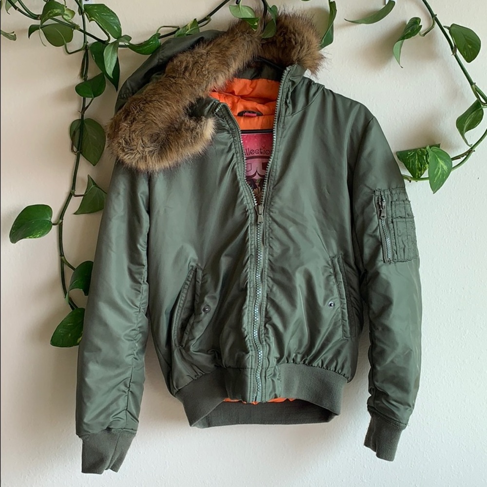 green jacket with faux fur hood